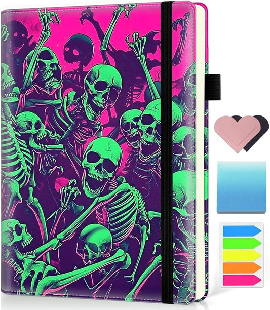 Hardcover Executive Notebooks, A5 PU Leather Lined Journal Notebook, 200 Pages Thick Paper Subject Notebooks for School,Work,Home Writing Business Notebook, Diary Book ，Green Skull