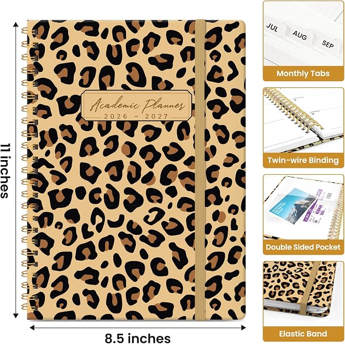 Planner 2026–2027, Weekly & Monthly Academic Organizer for School Year, Jul 2026–Jun 2027, Hardcover Planner with Tabs, Back to School Essential, 8.5" x 11", Leopard