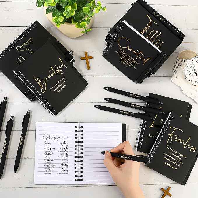 Kosiz 12 Sets Christian Gifts Bulk Christian Notebooks with Pens Inspirational Prayer Journals Bulk A6 Spiral Small Notepads for Women Men Church Members Bible Study Groups (Black)