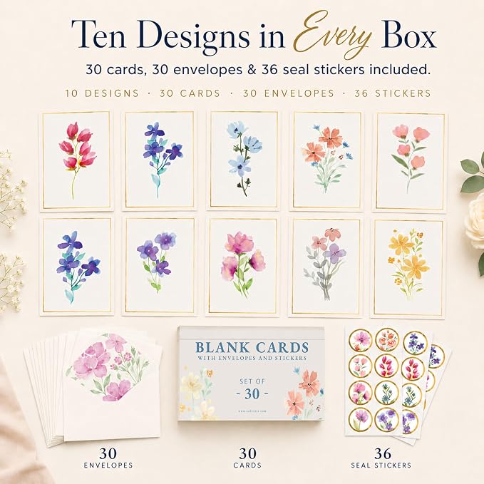 30 Premium Blank Cards with Envelopes & Stickers, 4x6 Inches | Elegant Floral Designs, Versatile and Blank Inside, Organized and Gift-Ready, Perfect for Any Occasion
