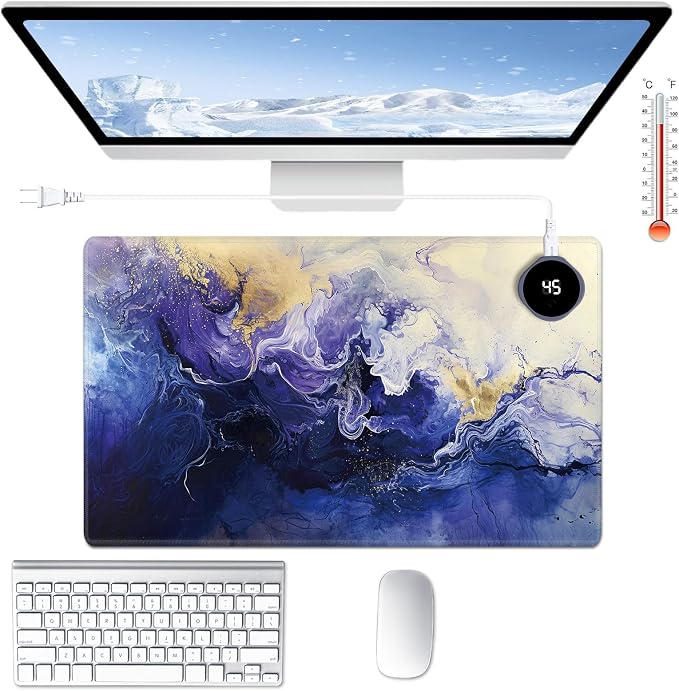 Heated Desk Pad Large Mouse Pad 23.6 x 14.1 inch with 3 Levels Heating & Auto Shut-Off Warm Mouse pad PU Leather Computer Mousepad for Home Office Work - Purple Marble