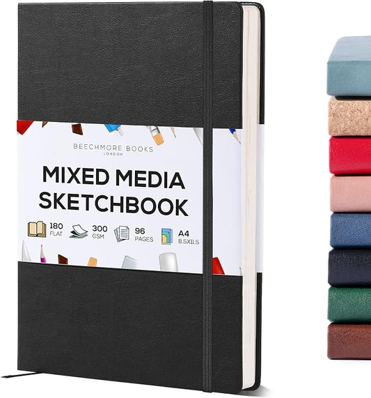 Beechmore Books Heavyweight Mixed Media Sketchbook - A4 8.5"x11" 300 GSM 48 Pages, Hardcover Lay-Flat Professional Journal for Painting, Acrylics and Wet Media