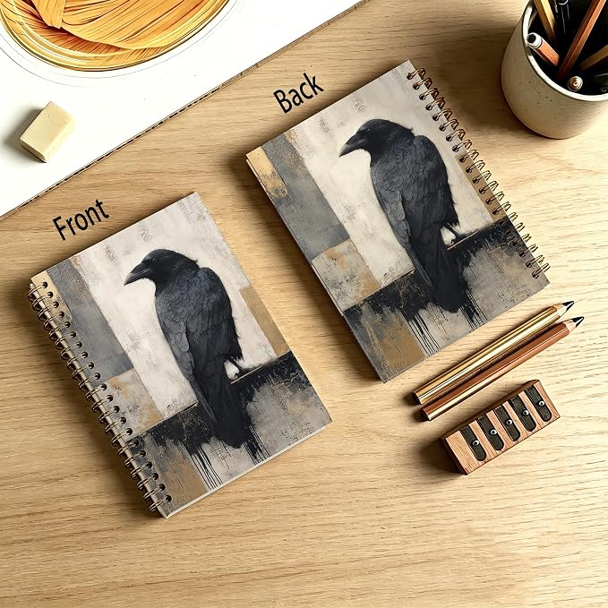 HOXUNQINA Dark Academia Gothic Raven Journal Notebook 5.5x8.3 | Raven Gifts for Women Men Journal, Modern Abstract Minimalist Black Crow Notebooks for Work