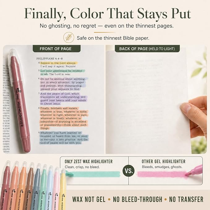 10 Pack Bible Safe Highlighters - Vintage Color, Wax Highlighters | No Bleed, Scripture Markers for Journaling, Study Accessories and School Supplies