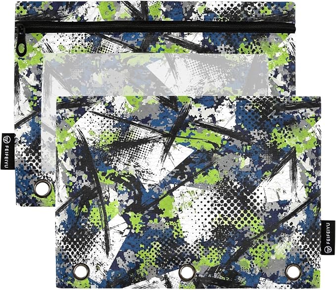 Gredecor Binder Pencil Pouch 3 Ring Grunge Camouflage Chaotic Zipper Pencil Pouches Case 2 Pack Clear Binder Organizer for School Office