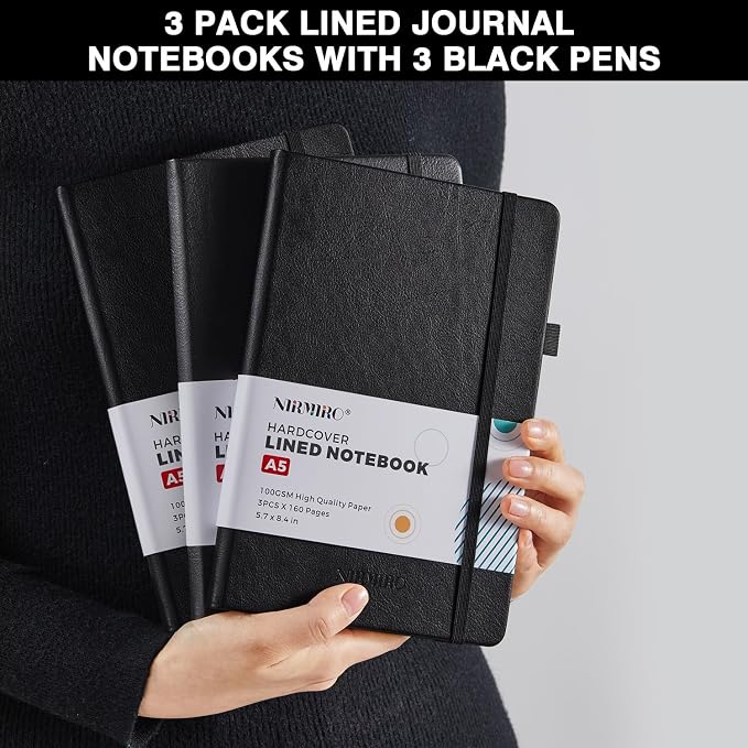 (3 Pack) Lined Journal Notebook with Pen, A5 (5.7"x8.4") Leather Hardcover Journaling Notebooks for Women Men Work, 160 Pages per Note Book, 100GSM Paper, School Office Supplies, Black
