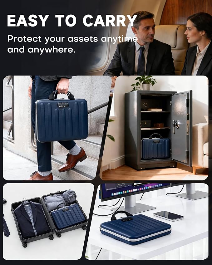 DOZAWA Fireproof Document Box, Waterproof Hard File Organizer with Lock | UL-94 VTM-0 certified 8-layer document box withstands up to 5200°F, featuring waterproof zippers, DeepBlue