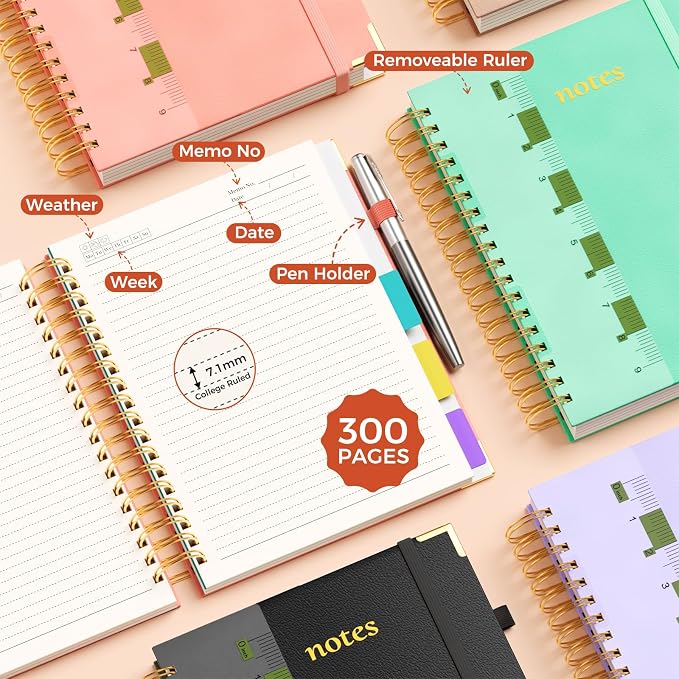Line Hardcover Spiral Notebook with Removable Dividers Tabs & Ruler, 5 Subject Notebook College Ruled, 300 Page, Large 8"x10" B5 Notebooks for Work School, Lined Journal for Women & Men, Blue