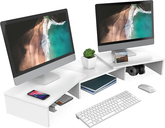 FITUEYES Dual Monitor Stand Riser, Adjustable Length and Angle, White | Wooden 3-Shelf Design, Supports up to 55lbs, Flexible for Standard Corner Space, Holds Monitor, Laptop, Phone, Printer