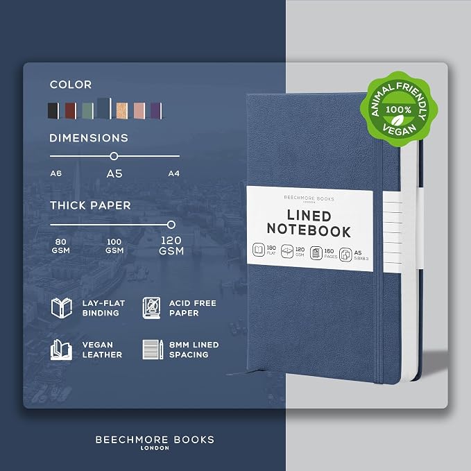 BEECHMORE BOOKS Premium Lined Leather Journal for Men & Women, 5" x 8" (A5) Thick 120gsm Ivory Cream Paper Notebook, Hardcover Vegan Leather Personal Diary, With Gift Box (Symphony Blue)