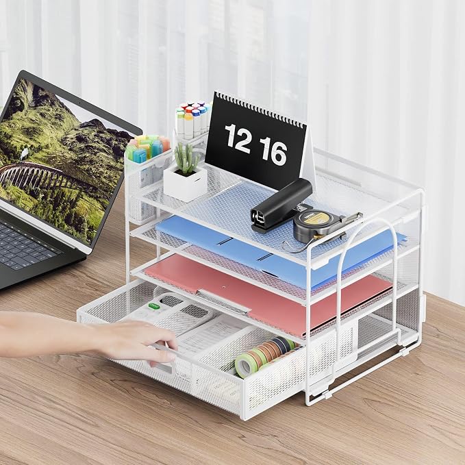 Marbrasse Desk Organizer and Accessories Polystyrene, 4-Tier Paper File Letter Tray Accessories & Workspace Desk Organizers with Drawer and 2 Pen Holders for School Home Office Supplies (White)
