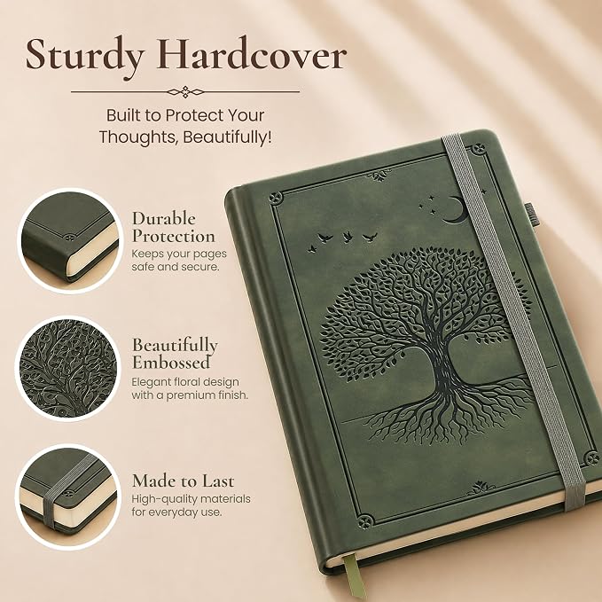 Lined Journal Notebook Hardcover Leather Bound 200 Pages B5 Green Diary | College Ruled 6.9x9.8" Journaling Notebooks for Men & Women, Writing for Personal, Large Travel Daily Note Book Tree of Life