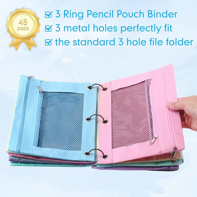 Leelosp 48 Pack Pencil Pouch for 3 Ring Binder Mesh Zipper Pencil Case Bags Binder Pouches Bulk for School Writing Utensils Storage Supplies (Cute Color)
