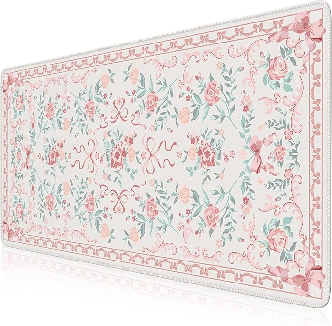 iCasso Pink Desk Mat for Desktop,Cute Desk Pad for Women,Girly Bow Mouse Pad with Stitched Edges,Non-Slip Large Computer Mat for Home Office Study Gaming