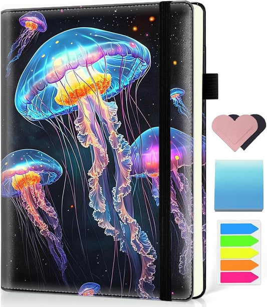 Hardcover Executive Notebooks, A5 PU Leather Lined Journal Notebook, 200 Pages Thick Paper Subject Notebooks for School,Work,Home Writing Business Notebook, Diary Book ，Jellyfish