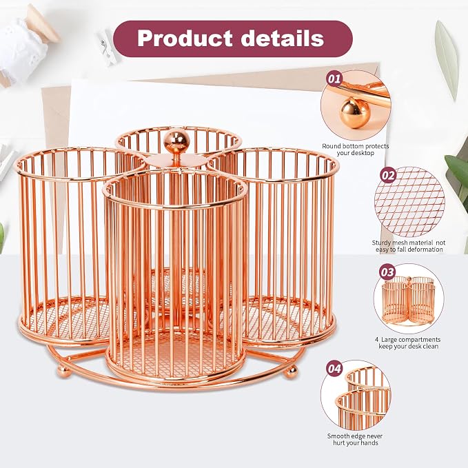 360 Rotating Pen Holder, Large Pencil and Marker Organizer with 4 Slots, Desk Caddy Accessory (Rose Gold)