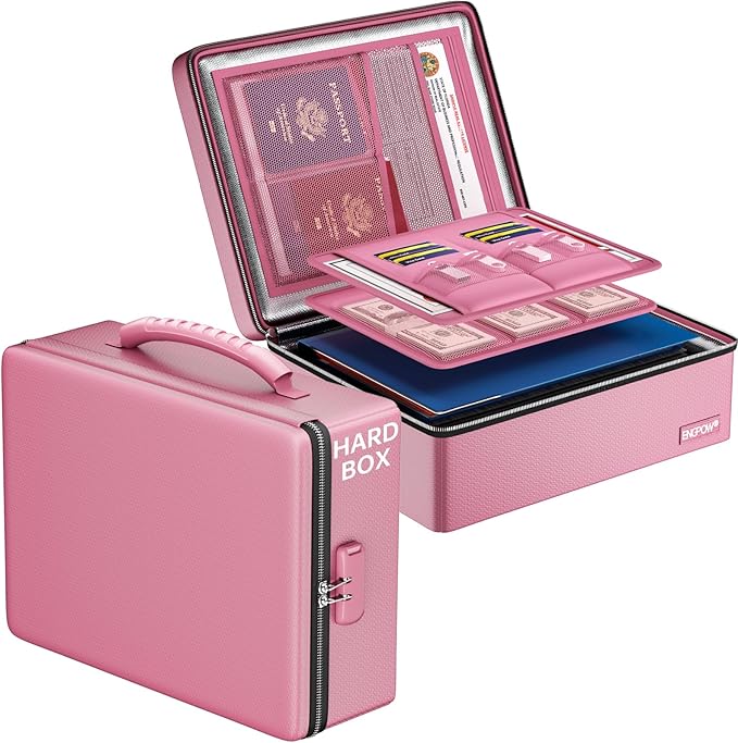 ENGPOW Fireproof Document Box with Lock & Heat-Resistant Fireproof Zipper | 6400°F 12-Layer Fire Protection, Hard File Organizer with Pockets, Portable Home Chest Safe Storage for Money,Jewelry, Pink