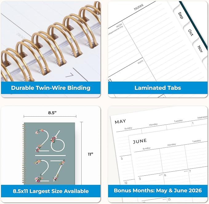 Blue Sky 2026-2027 Weekly & Monthly Academic Planner, 8.5"x11", Greta | July 2026 - June 2027, Flexible Cover, Wirebound, Storage Pocket, Laminated Tabs, Academic Year