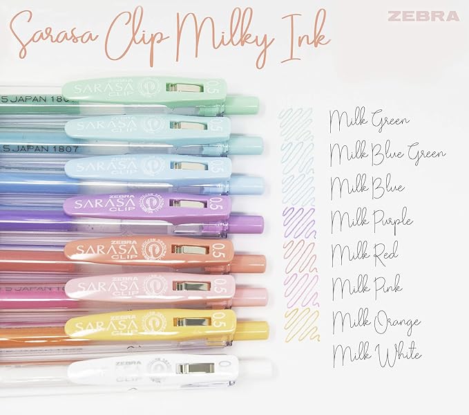 Zebra Pen SARASA Clip Retractable Gel Pen, Assorted Milk Color Ink, 8-Pack