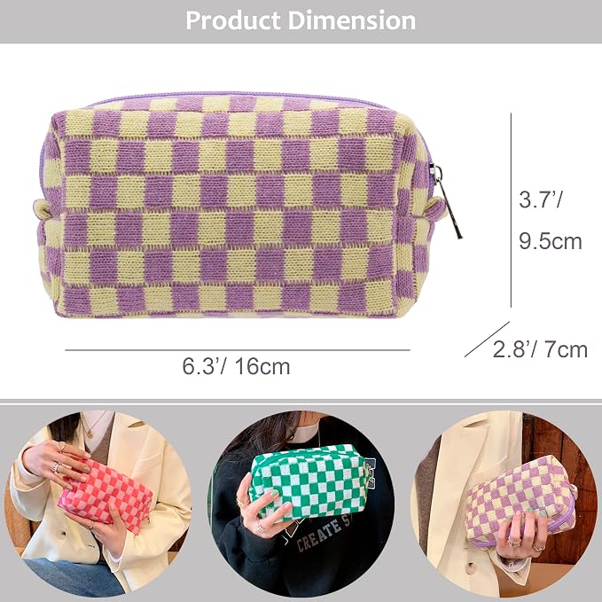 Checkered Makeup Bag for Purse, Small Travel Cosmetic Pouch,Purple,2 Pack | Cute Zipper Makeup Organizer for Women, Travel Essentials, Toiletries, Makeup Brushes, Beauty Accessories&Bridesmaid Gifts