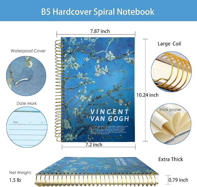Large Spiral Bound Notebook, B5, 150 Sheets, 300 Pages, 8x10 Big Notebook, Hardcover Large Journal, Thick Lined Notebook, Vincent Van Gogh Almond Blossoms gift for Women.