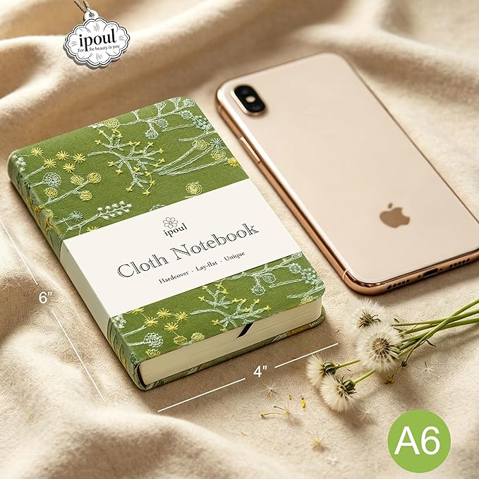 Pocket Notebook, A6 Journal, Small Embroidered Journal, Cute Fabric Notebook, Lay Flat Hardcover Journal, 4x6 Lined Notebook & Sketchbook, Personal Writing Journal for Women, Green Dandelion