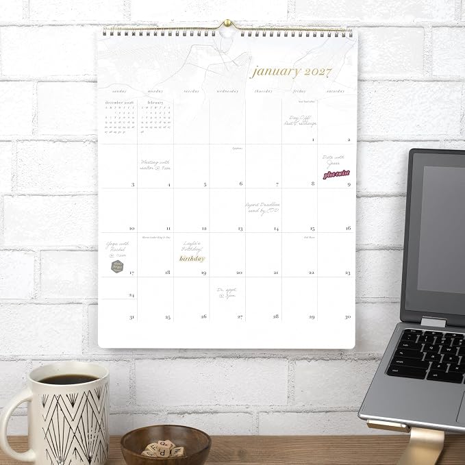 Mead 2027 Wall Calendar, Monthly, 15" x 12", Unruled Daily Blocks with Stickers, White/Gold, West Village (WV0067F-27)
