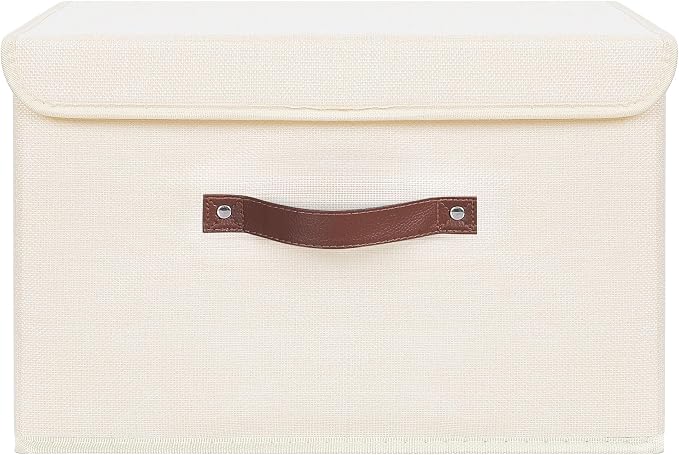 ANMINY Storage Bin with Lid Storage Boxes with PU Leather Handles PP Plastic Board Decorative Foldable Lidded Cotton Linen Fabric Home Cubes Baskets Closet Organizer Container - Beige, Large Size