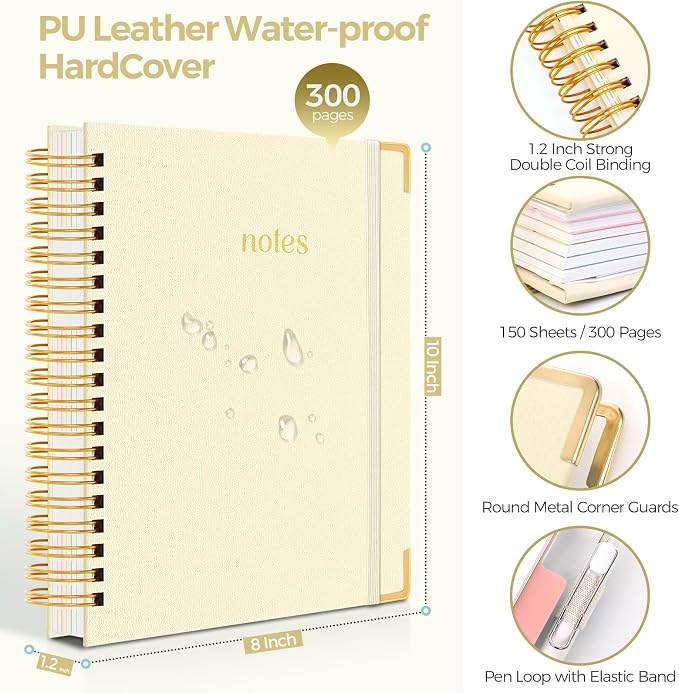 SKYDUE Notebooks for Work, 5 Subject Notebook with Dividers and Tabs, 8" x 10" College Ruled Notebook, 300 Pages Spiral Journal for Women, Green