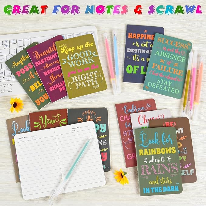12 Pcs Mini Inspirational Notebooks Bulk with 12 Colorful Pens， 3.5"x5.5" | Small Pocket Journal Notepads Set, Motivational Bulk Gifts for Women Men Teacher Students Kids, End of School Year Gift Bulk