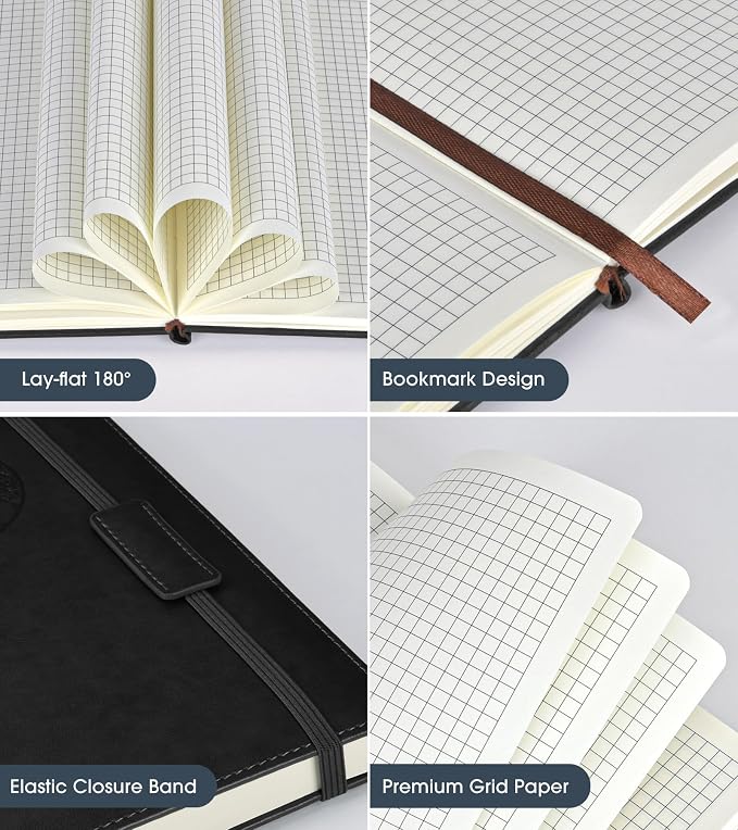 Biuwory A5 Hardcover Graph Paper Notebook, Grid Leather Journal for Writing | 140 Quad Ruled Grid Pages Vintage Diary, 5.7"×8.3" Travel Notebook for Work, School, Women & Men