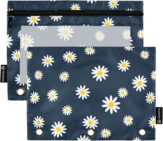 Gredecor Binder Pencil Pouch 3 Ring Navy Blue Flower Daisy Zipper Pencil Pouches Case 2 Pack Clear Binder Organizer for School Office