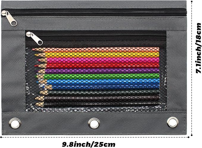 Pencil Pouch 3 Ring Binder Pouch Zippered Pencil Case Canvas Pencil Bag with 2 Compartments (Set of 2, Pink and Grey)