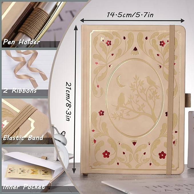 TIEFOSSI Line Journal Notebook, A5 Hardcover Rule Journal for Women Men | 100gsm 316 Numbered Pages Diary, Aesthetic Leather Bird Pattern for Journaling Organization,Planning, Tracking & Sketching