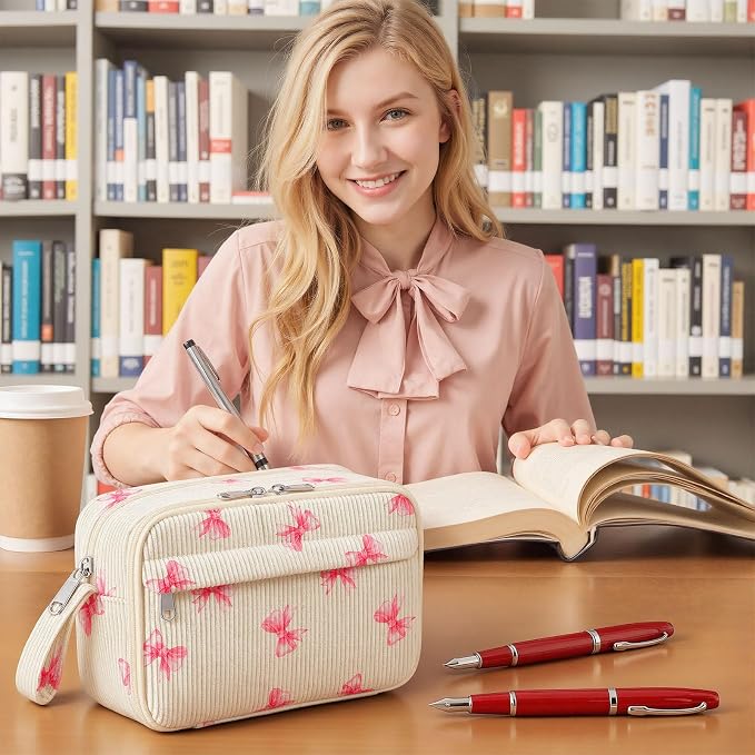 WOBAGMEN Cute Pencil Case,Large Corduroy Zippered Pencil Case Pouch, aesthetic Pencil Bag with Compartments, Pencil Pouch School Supplies (Pink Big Bow)