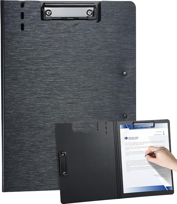 Clipboard Folder, with Dual Metal Clips, Embossed-Texture, Folding 360° Rotating, Nursing Clipboard for Letter and A4, Pen Holder (Black, 1)