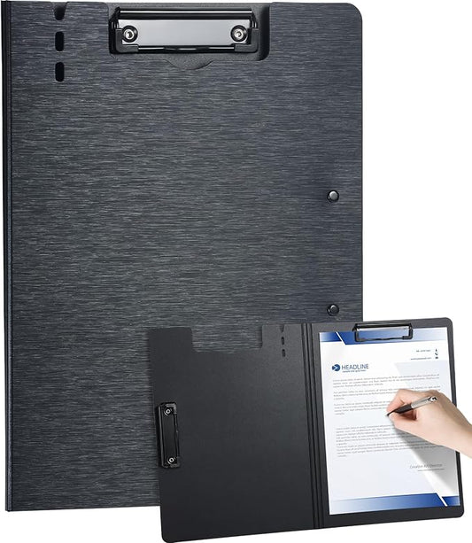 Clipboard Folder, with Dual Metal Clips, Embossed-Texture, Folding 360° Rotating, Nursing Clipboard for Letter and A4, Pen Holder (Black, 1)
