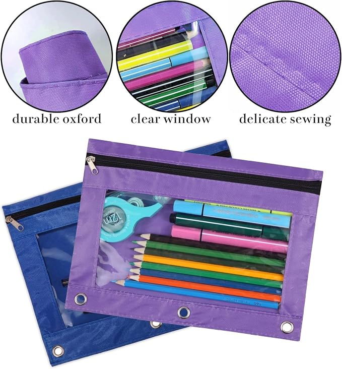3-Ring Pen Pencil Pouch with Clear Window Stationery Bag Binder Case Classroom Organizers Blue