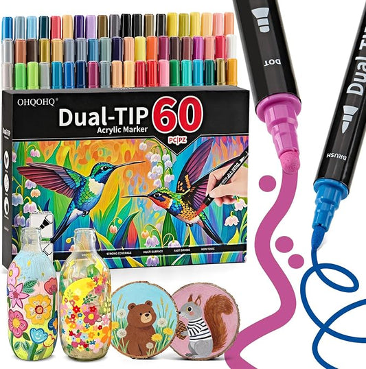 60 Colors Acrylic Paint Markers Set, Dual Tip Paint Pens with Fine & Dot Tip for Stone, Wood, Calligraphy, Canvas, Ceramic, Metal, Glass and Rock Painting