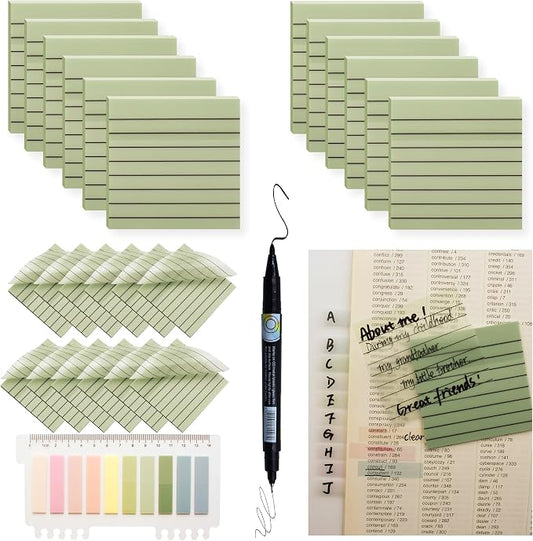 YOUDEFUL 800Pcs Transparent Sticky Notes, Green Clear Sticky Notes with Lined, 3"x3" Waterproof Translucent Sticky Note Pads, Index Tabs, Clear Post it Notes for Bible Study, See Through Sticky Notes