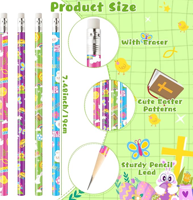 Xqumoi 60Pcs Easter Religious Pencils with Eraser - He is Risen Christian #2 HB Pencils, Sunday School Classroom Student Rewards Office Supply Holiday Gift Goodie Bag Fillers Stuffers Party Favors