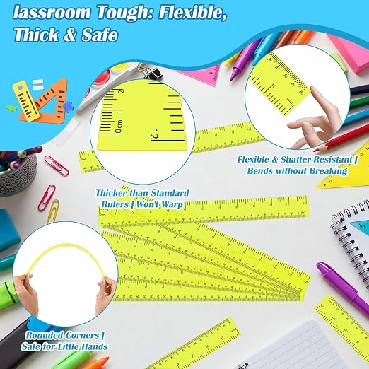 36 Pack 12 Inch Clear Yellow Plastic Rulers Bulk, Transparent Metric Rulers with Centimeters and Inches, Straight Measuring Rulers for Back to School, Kids Classroom School Office Home Supplies