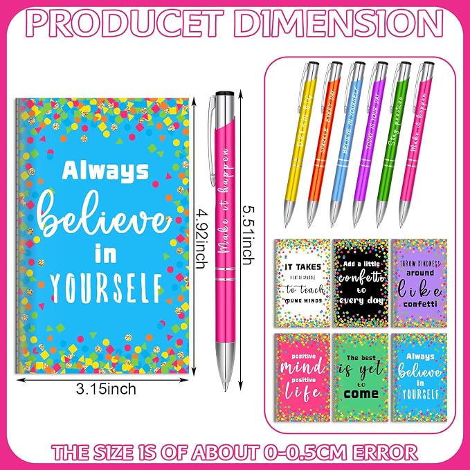 Geyee 24 Pcs Mini Motivational Pens Inspirational Notepads Bulk Appreciation Gifts Small Journals Funny Ballpoint Pen Set Prizes Men Women Office Travel Party Favors(Confetti)