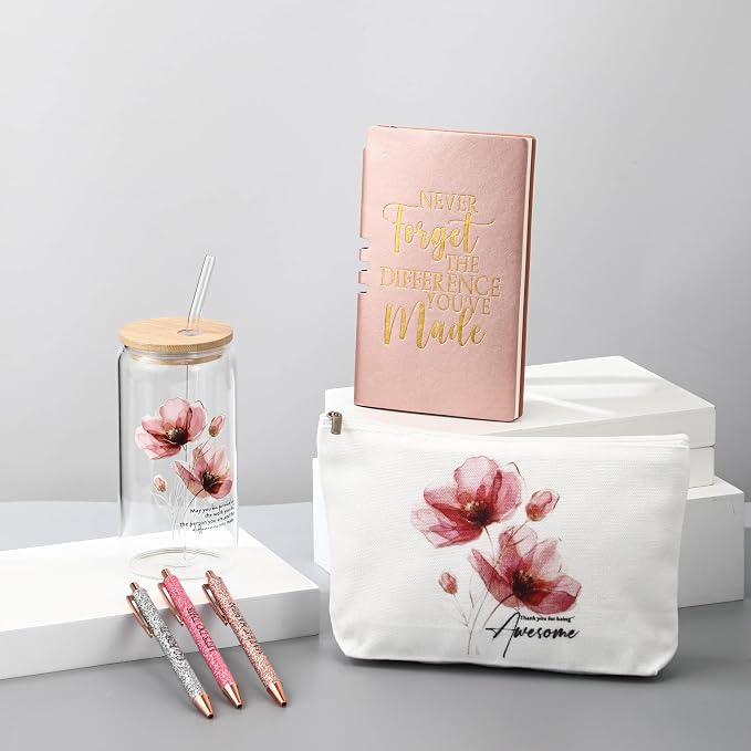 Funnymoom 6 Pcs Appreciation Gifts Set for Women Back to School Teacher Gifts Employee Thank You Gift with 17 oz Glass Tumbler Journal Pens and Pouch for Coworkers Educators,Floral,Pink