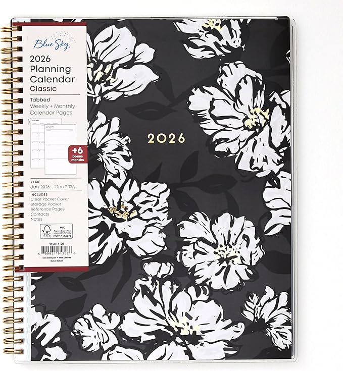 Blue Sky 2026 Weekly & Monthly Planner Calendar, 8.5"x11", Baccara Dark | January 2026 - December 2026, Clear Pocket Cover, Durable Twin Wire Binding, Laminated Tabs, Storage Pocket