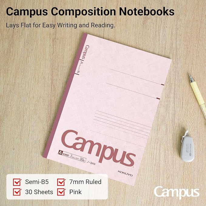 KOKUYO Campus Composition Notebook, 7 x 10 inch Lined Notebooks with 30 Sheets 7mm Ruled Paper, 10 Pack B5 Pink Notebook for School and Work, School Supplies Comp Book for Journal Diary