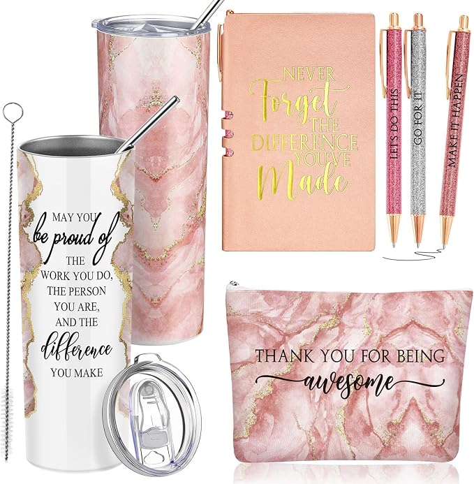Domensi 6 Pcs Employee Appreciation Gift Set for Women Female Thank You Gift May You Be Proud 20 oz Rustic Marble Sign Tumbler Makeup Bag Journal for Boss Teacher Work Business(Pink)