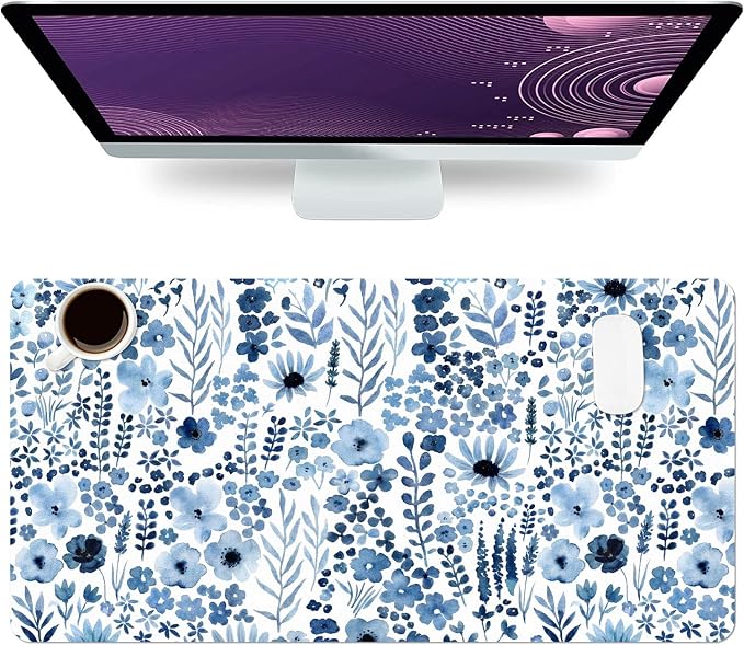 Flower Large Mouse Pad, Floral Desk Matt for Desktop, PU Leather Waterproof Desk Pad, Computer PC Laptop Protector Gaming Mouse Pads for Women Office Decor (27.5" x 13.8")