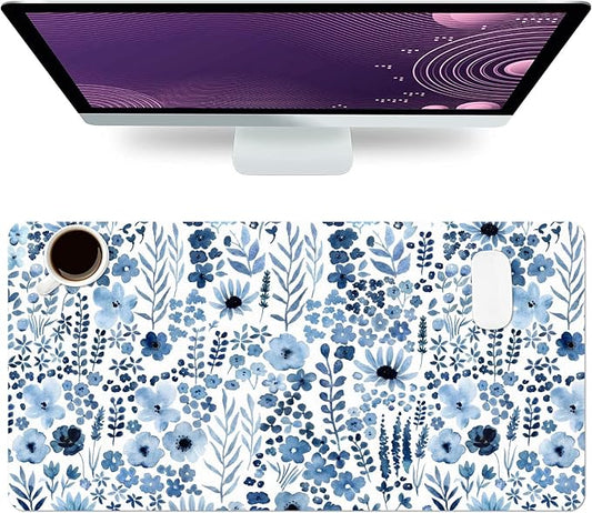 Flower Large Mouse Pad, Floral Desk Matt for Desktop, PU Leather Waterproof Desk Pad, Computer PC Laptop Protector Gaming Mouse Pads for Women Office Decor (27.5" x 13.8")