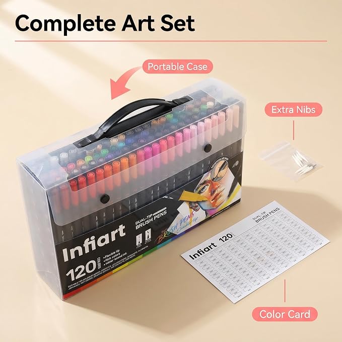 120 Colors Dual Tip Brush Pens, Water-Based Markers with Fine Tip and Brush Tip, Art Pens for Coloring Books, Calligraphy, Sketching, Journaling, Drawing for Adults Art Supplies and DIY Crafts